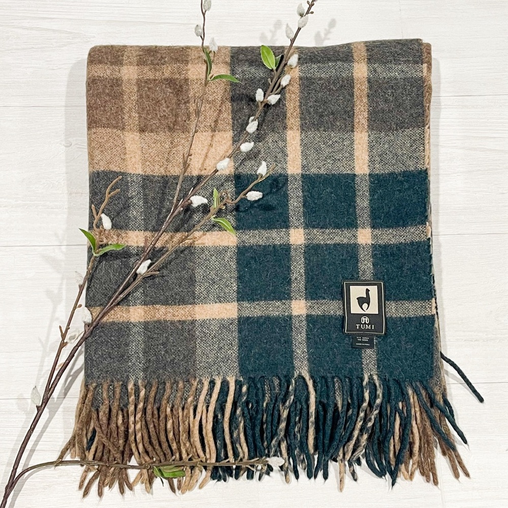 TUMI Peruvian Alpaca Wool Throw Blanket Fringed Bedding Plaid Checkered